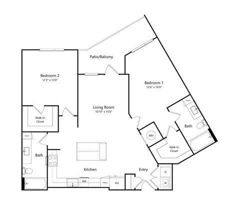 Floor plan for 2 beds, 2 baths, 1111 sqft